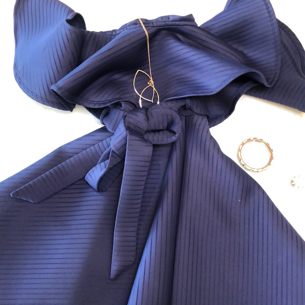 Navy Neoprene Ruffle Off Shoulder Cocktail Dress